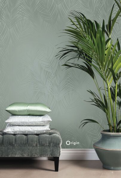 wallpaper palm leaves grayish green