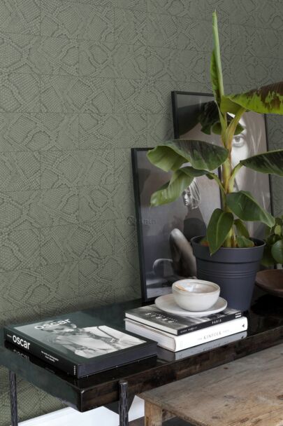 wallpaper tile motif with snake skin pattern gray-grained olive green