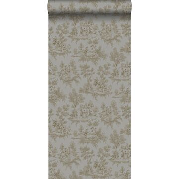 wallpaper toile de Jouy taupe and shiny bronze