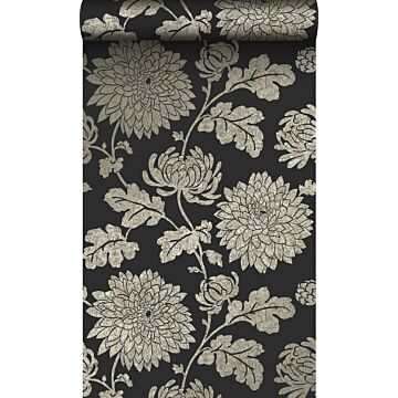 wallpaper flowers black and shiny bronze