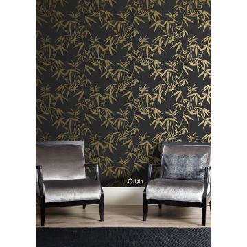 wallpaper bamboo leaves black and gold