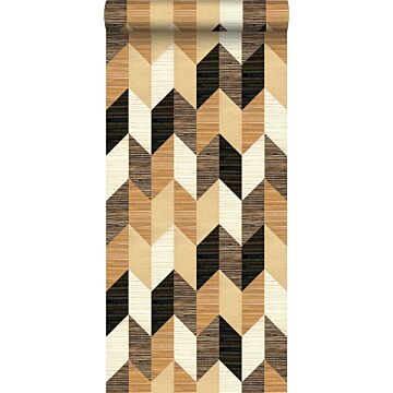 non-woven wallpaper XXL grasscloth in graphic motif black, beige and cream beige