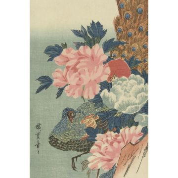 wall mural a peacock and peonies antique pink, green and blue